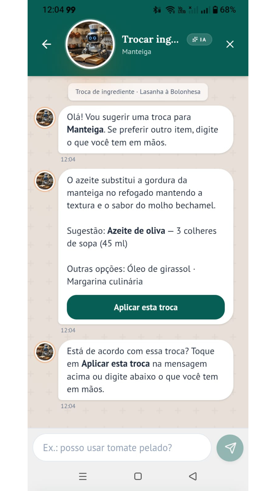 Tela do CozinhIA mostrando a troca de ingrediente com explicação do Chef