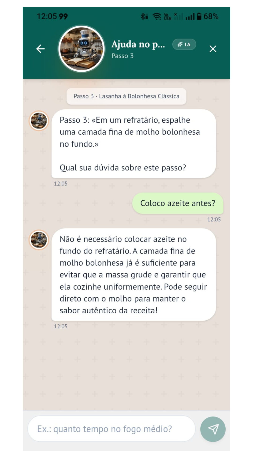 Tela do CozinhIA mostrando o Chef respondendo dúvida sobre modo de preparo